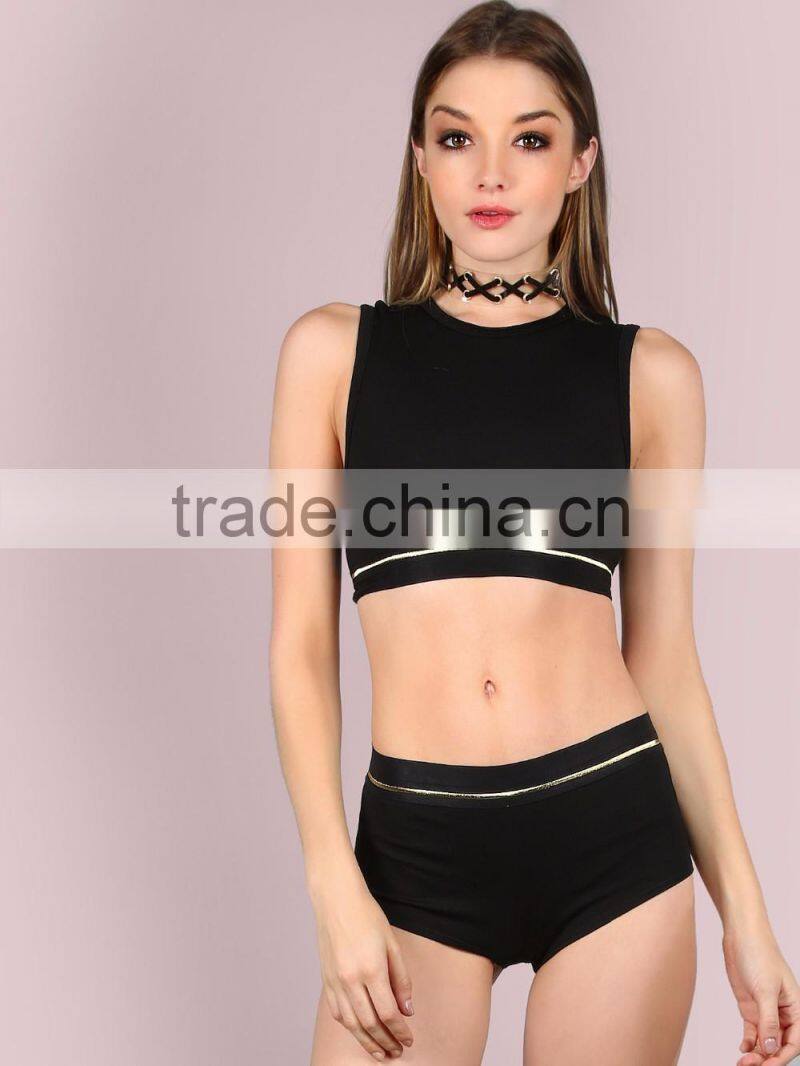 Metallic Trim Back Cut Hole Crop Tank & Body Shorts Set Black 100 Cotton Scoop Neck Sportswear Crop Tops With Pants Custom