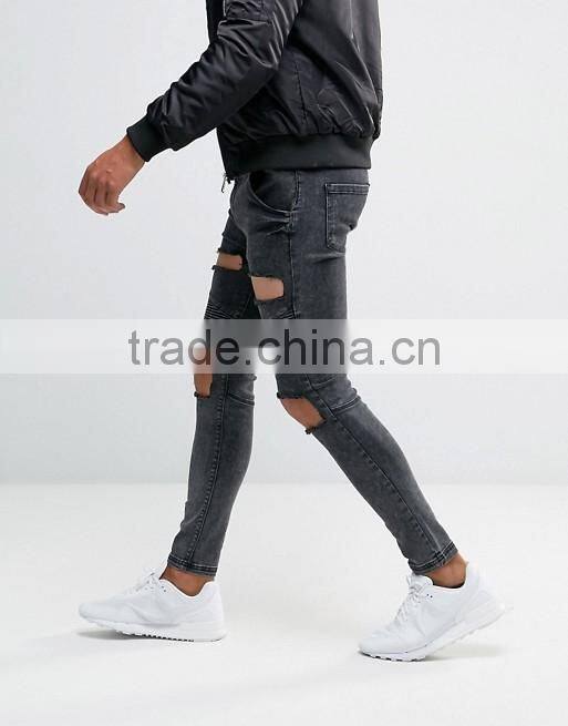 Slim Fit Straight Cut Knee Ripped Acid Wash Jeans Trousers for Men