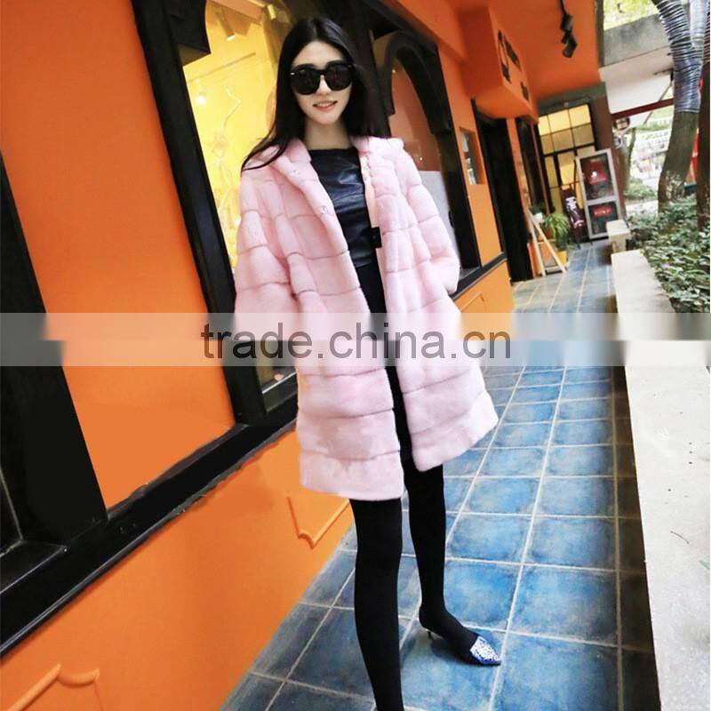 2016 new autumn winter coat women Faux fur coat Fake rabbit fur jacket casual striped loose pink long coat