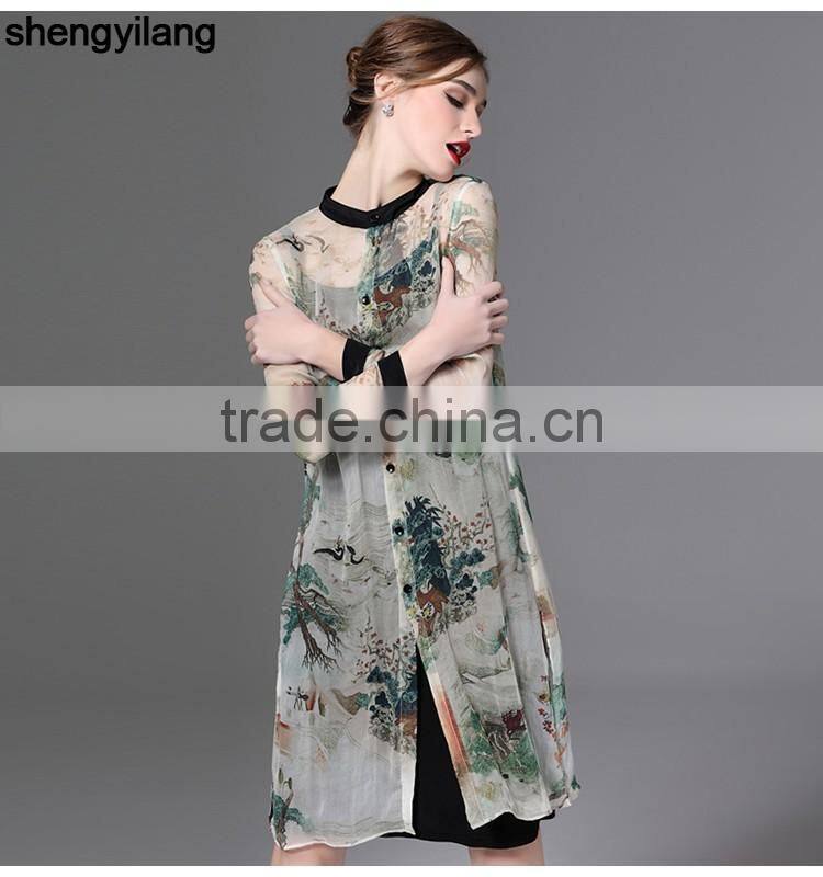 2016 spring summer pure true button-up silk long sleeve shirt dress