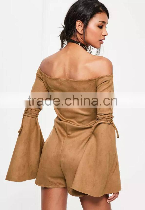 2017 new brown faux suede flare tie sleeve women wholesale playsuit