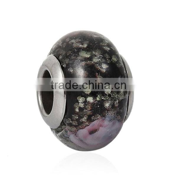 Lampwork Glass European Style Large Hole Beads Round Pattern Multicolor With 304 Stainless Steel Silver Tone Core