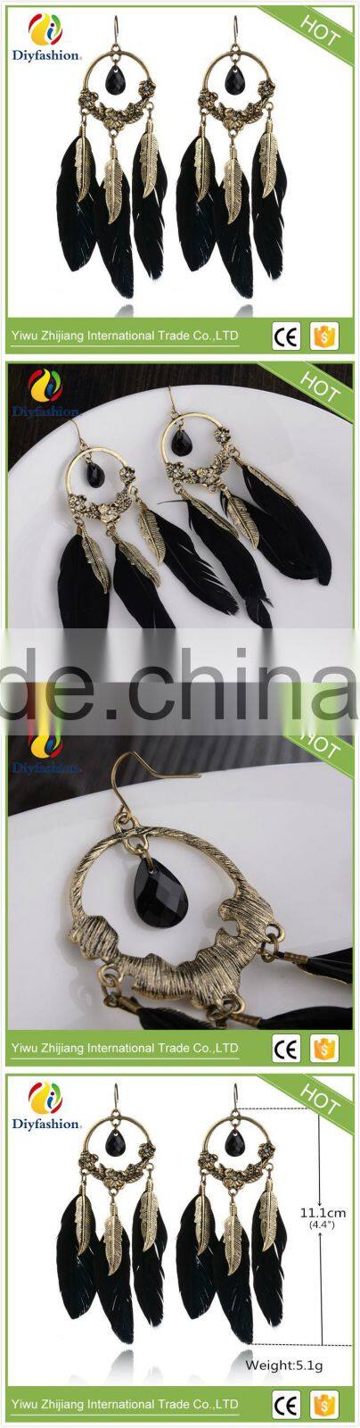 Hot selling bohemia retro black gem feather earrings