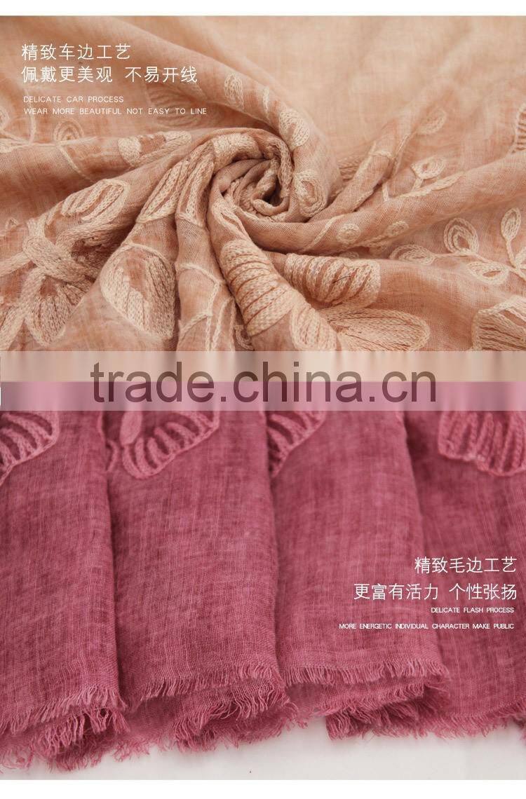 New fashion custom embroidery flower plain dyed linon viscose hijab scarf