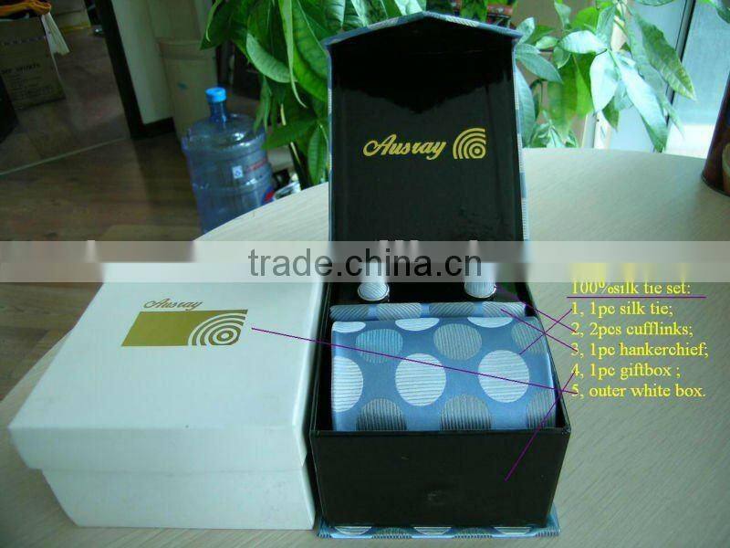 100% silk necktie set with cufflinks and hankerchief and giftbox