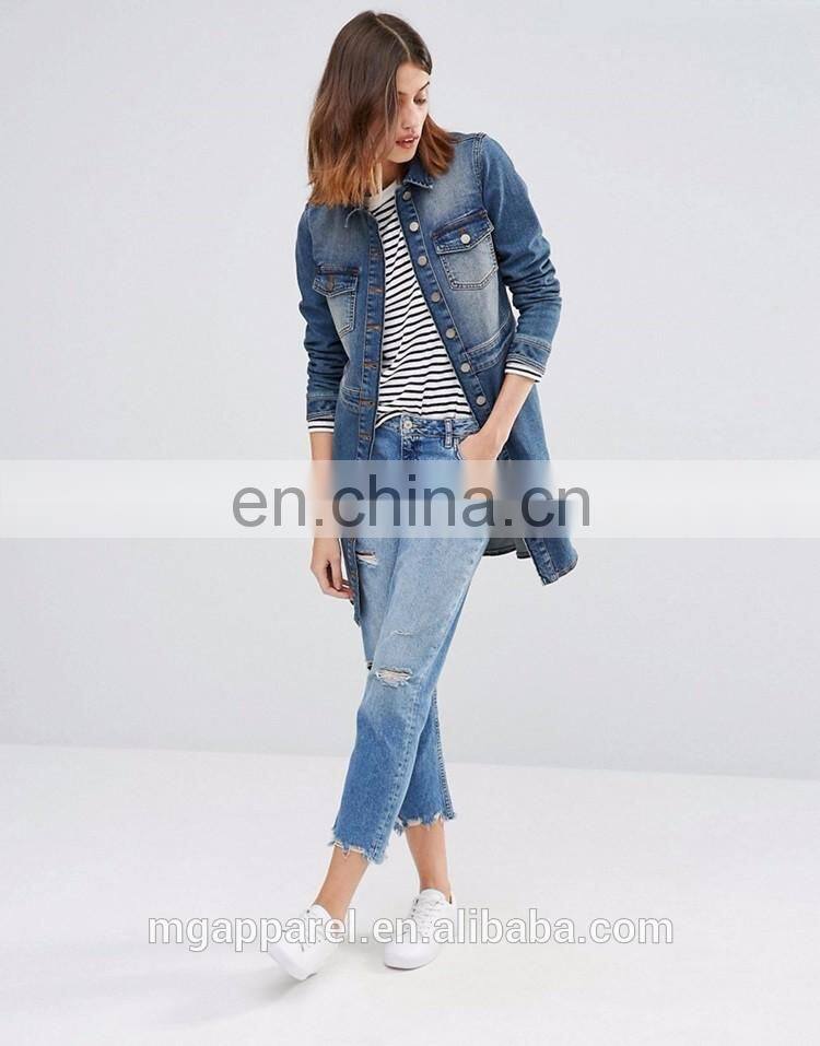 Stretch denim fabric women blue long jean jacket wholesale