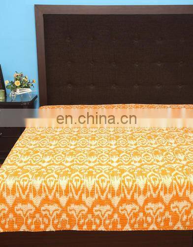 Yellow Ikat Queen kantha Quilt ikat,Indian Sari Queen bedding blanket