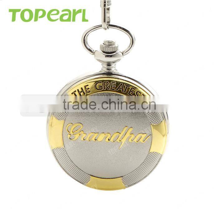 THE GREATEST Grandpa Silver Golden Pocket Quartz Watch Chain Full Hunter LPW05
