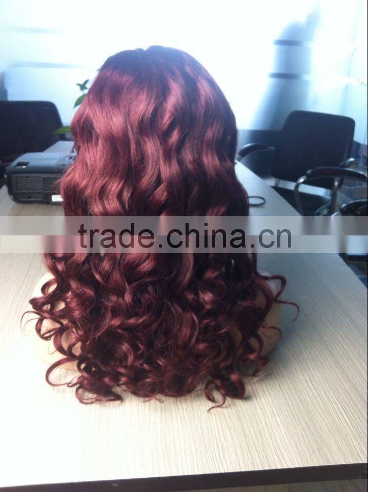 glueless color 99j human virgin hair wig top silk front lace with bang