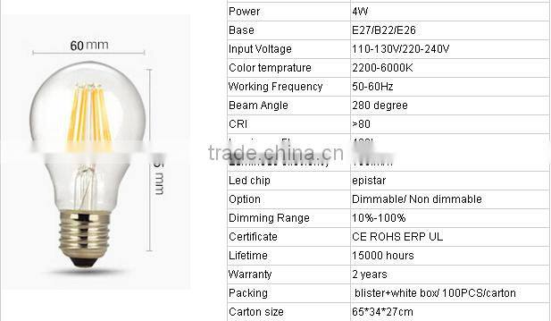 360 degree A60 4W dimmable led filament bulb amber