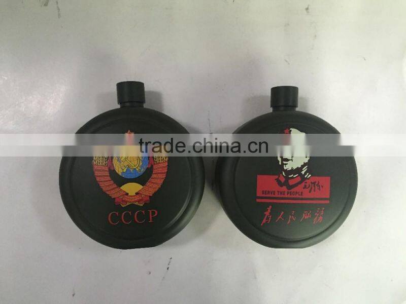 42oz round hip flask with print logo and spray pain coating then in leather bag.