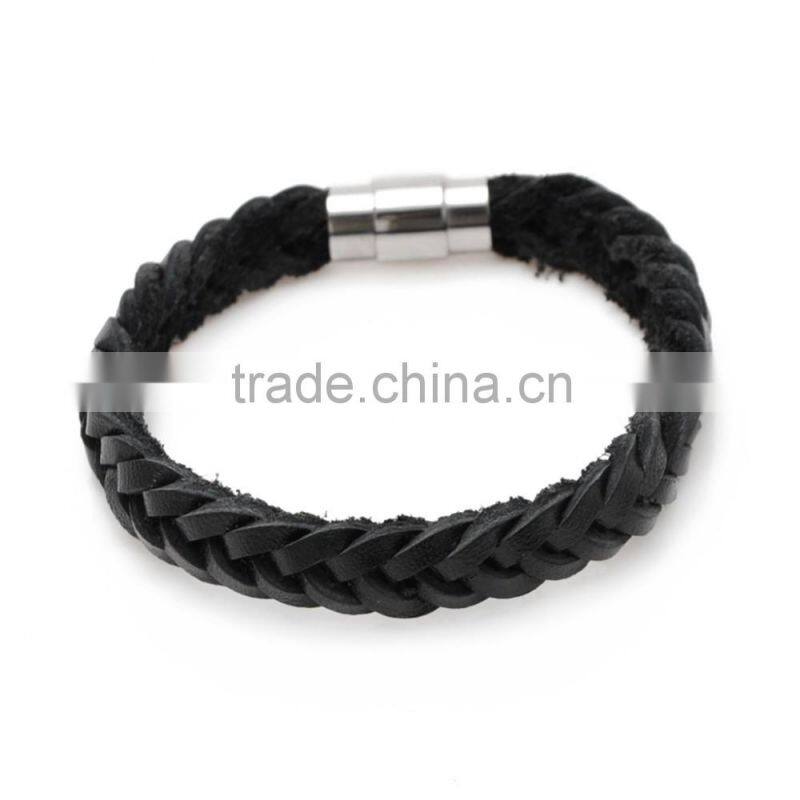 Black Leather Wristband with Magnetic Clasp Wide Braided Leather Bracelet for Men