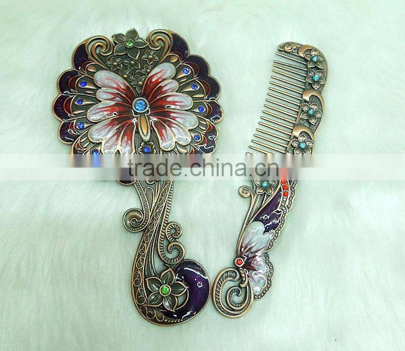 promotional gift comb mirror set/red bronze cosmetic pocket mirror set