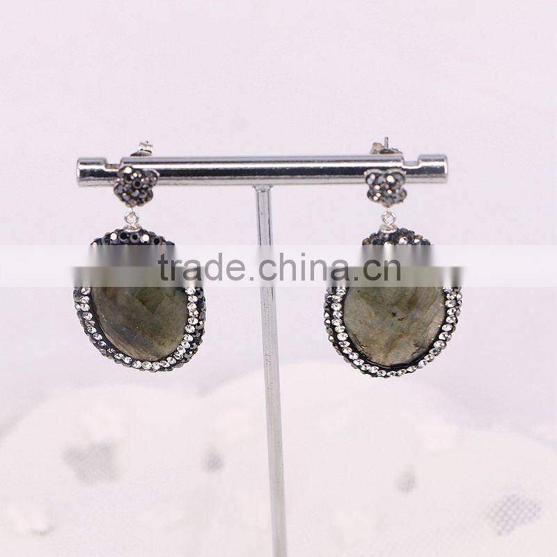 Natural Amethyst Amazon Turquoise Agate Labradorite Stone Druzy Earring, Oval Pave Crystal Zircon Jewelry Stud Earring