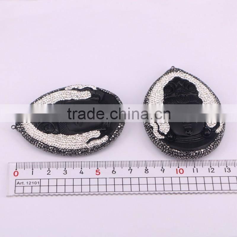 Natural Obsidian Gem Stone Pendant, Guanyin / Mother Buddha Pendant, with Crystal Paved Druzy Pendant