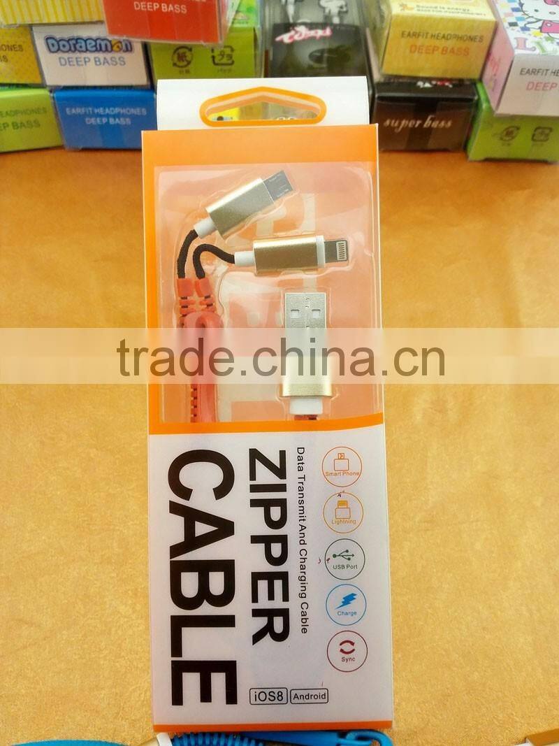 High quality cheap zipper usb cable 2 in 1 USB cable custom logo on zipper