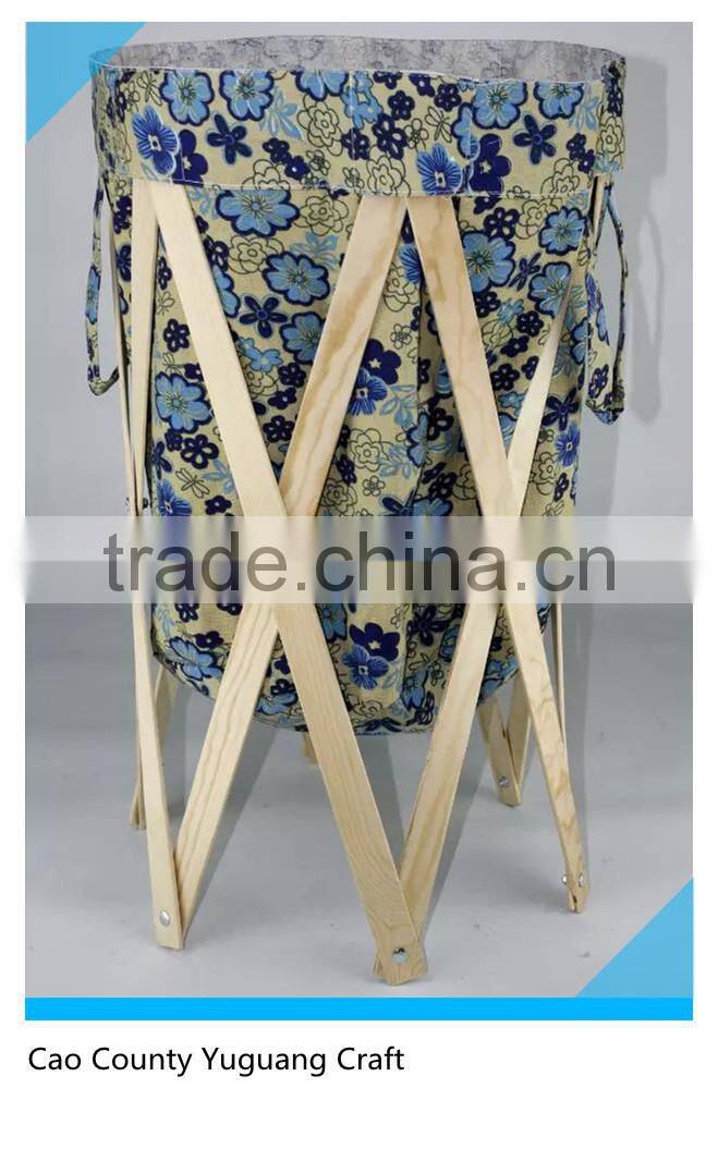 Foldable bedroom basket laundry hamper with wood frame