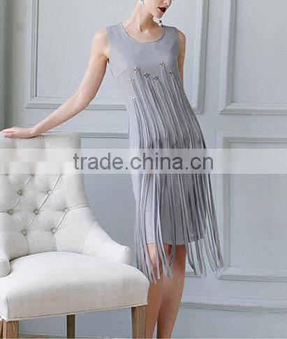 fashion clothing OEM star detailing sleeveless midi women tassels dress