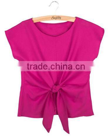 2016 Fashion Short Sleeve Bow O-neck Office Women Chiffon Shirt