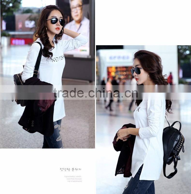 Customized manufactorying 100% cotton long pattern long-sleeve T shirt for ladies