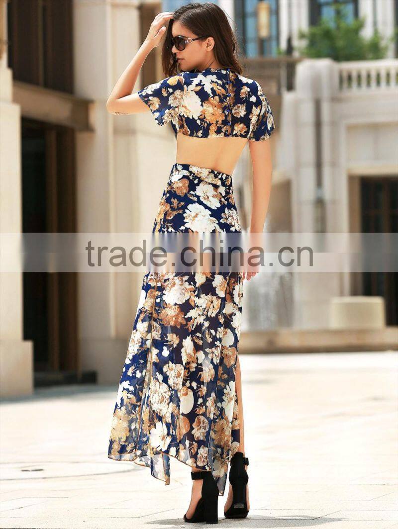 Women summer beach fashion maxi dress floral print women cuting long dress