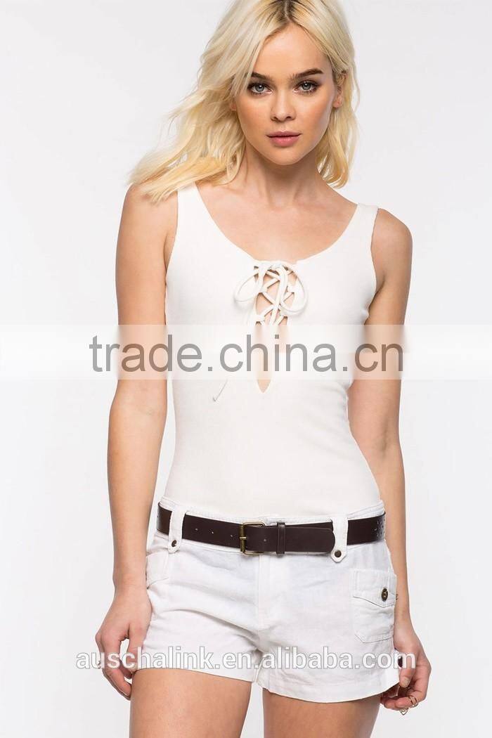 summer nice design women white belted linen shorts wholesale