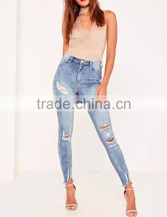 Fashion women blue high waisted brushed ripped skinny denim jeans with hole