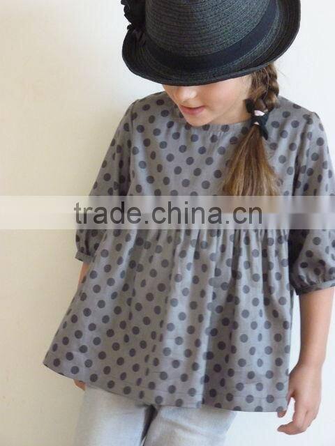 Kids Girls Ruffle Long Sleeve Shirts Grey Dots Cotton Custom Latest New Model Kids Girls Shirts