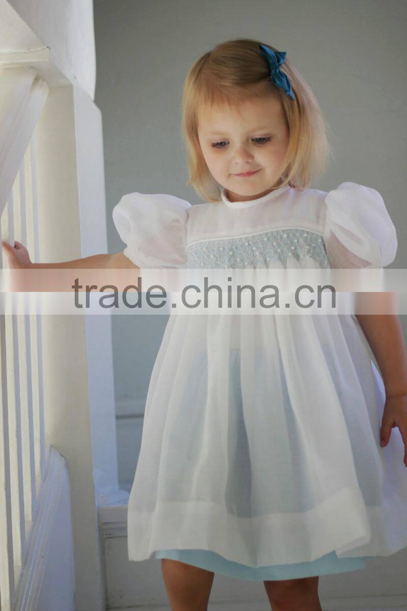 Baby Frocks Designs Boutique Clothing White Cap Sleeve Fashion Girls Summer handmade Smocked Party Dress