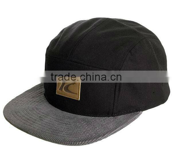 Leather lable black blank corduroy brim 5 panel hat wholesale