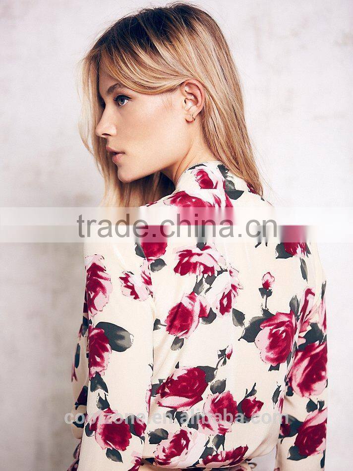 High quality sexy v neck long sleeve garden print lady dress