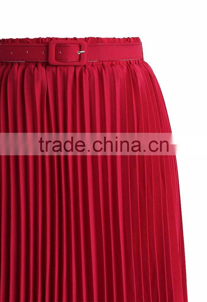 New arrival belted pleated skirt women fashion chiffon maxi skirt 2016