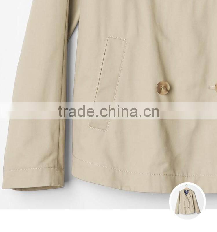 Crisp 100% cotton classic double-breasted short coat custom high quality fashion women windbreaker guangzhou manufacturer