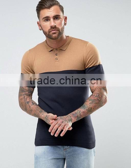 Mens Regular fit T-shirt Polo With Colour Block detail Tan Navy