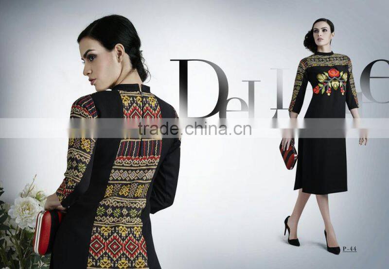 Salmon and Red color with Gold flakes neck design Vogue Designer Kurtis