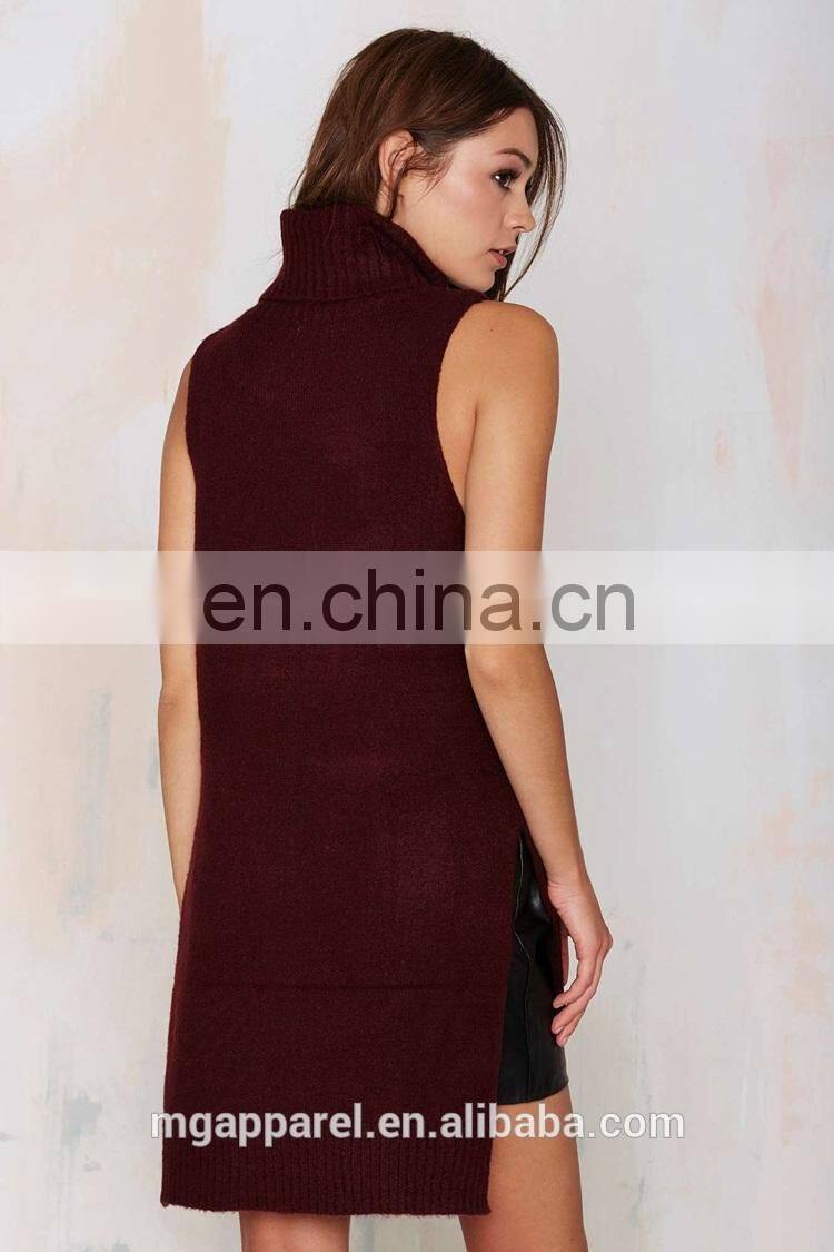Sexy Burgundy Side Slits Asymmetric Turtleneck Sweater Sleeveless Sweater OEM