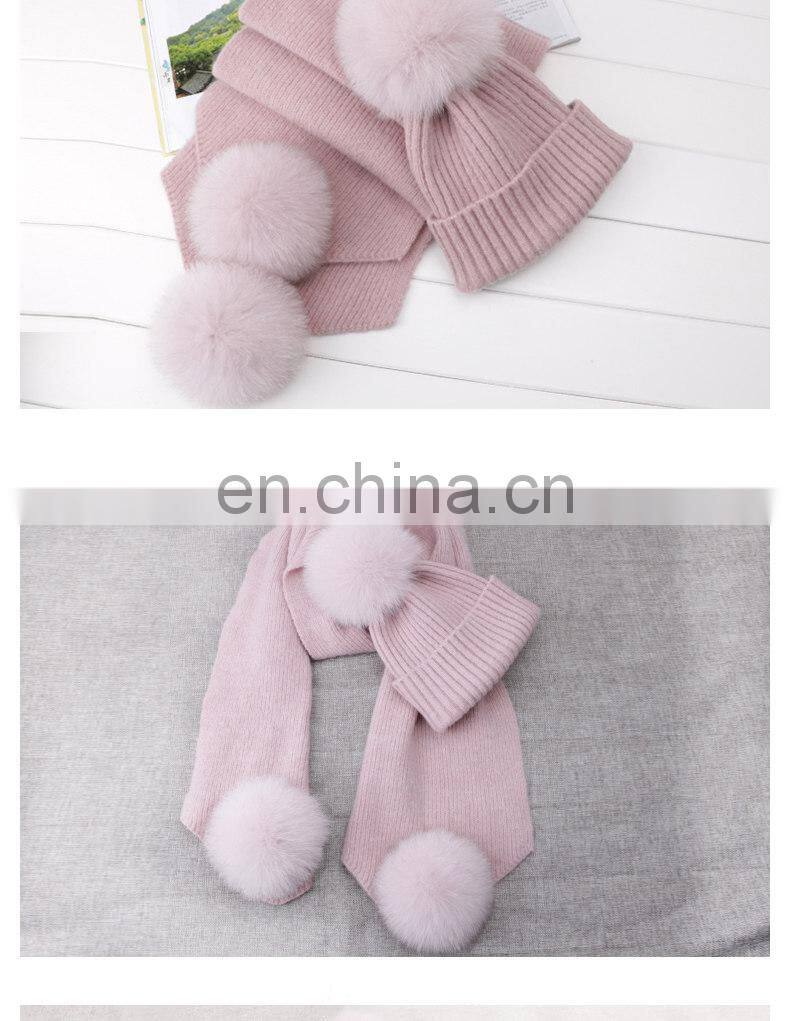 Winter Wool Knitted Beanies Scarf Fox Fur Pompom Knitted Hat Wool