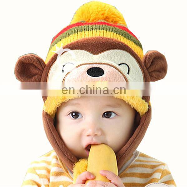 Cheap cute plush monkey kids animal winter crochet baby hat custom warm soft baby girl hat