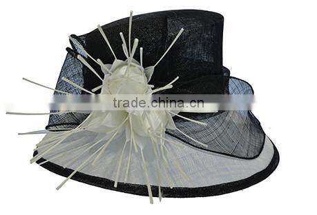 Handmade Style Wide Brim Millinery Sinamay Church Hats Fascinator With Bud