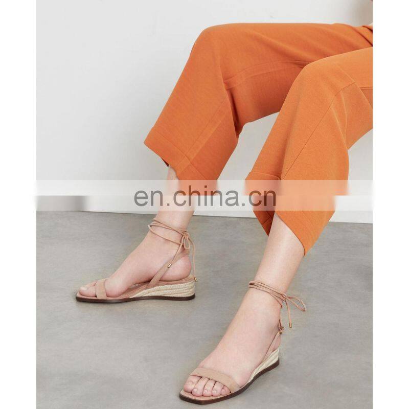 Elegant fancy new style design women lace up sandals ankle wrap with open square toe wedge heels footwear shoes