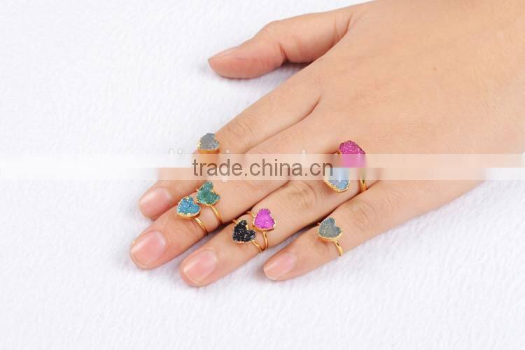 Gold plated natural rainbow heart druzy agate stone adjustable knuckle ring