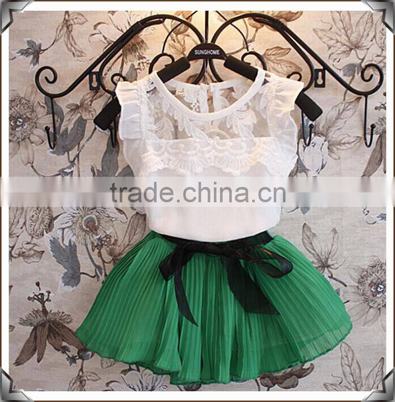 2015 new children chiffon skirt with white tshirt set cheap baby girls clothing set wholesale girls chiffon clothing