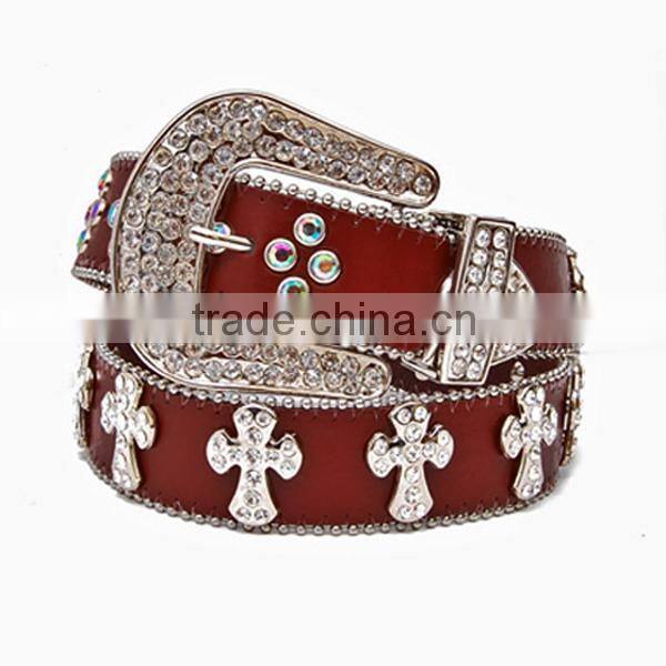 Wholesale Women's Fashion Trendy Rhinestone Cross Brown Leather Belt