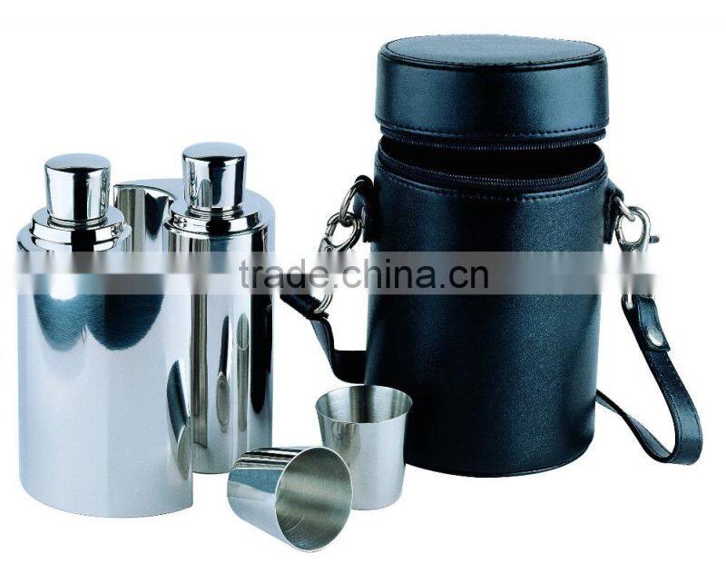 3 Pcs 6 oz. Columniformed Shiny Stainless Steel Flask with 3-1 oz. Stainless Shooters in Black PU Leatherette Carrying Case wit