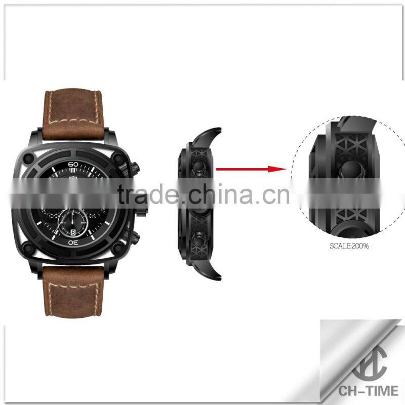 Luxury water resistant 316l stainless steel case japan quartz movt genuine leather strap chronograph sport men's watch
