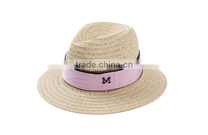 Ladies promotional alphabet M caps with ribbon straw panama hat cheap