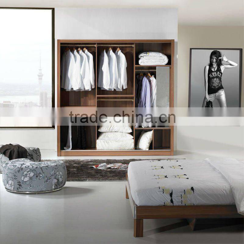 Glossy walnut venner pattern bedroom set furniture