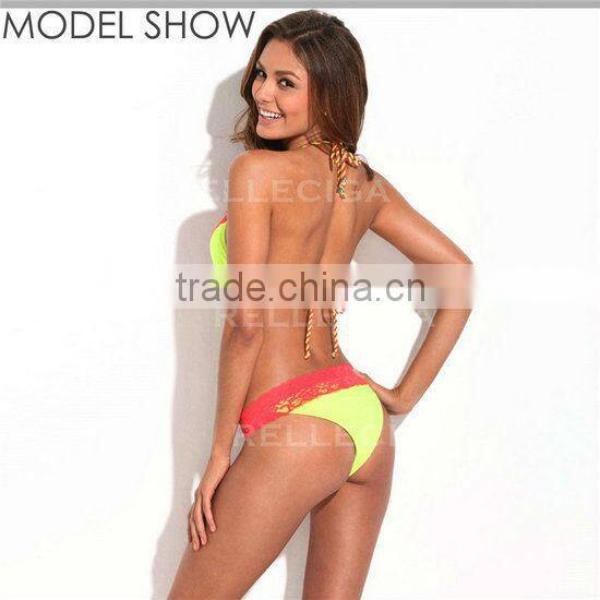 RELLECIGA Triangle Bikini Swimwear - Neon Yellow + Red Lace Top with Scrunch Butt Hot Sale Sexy Brazilian Bikini Set