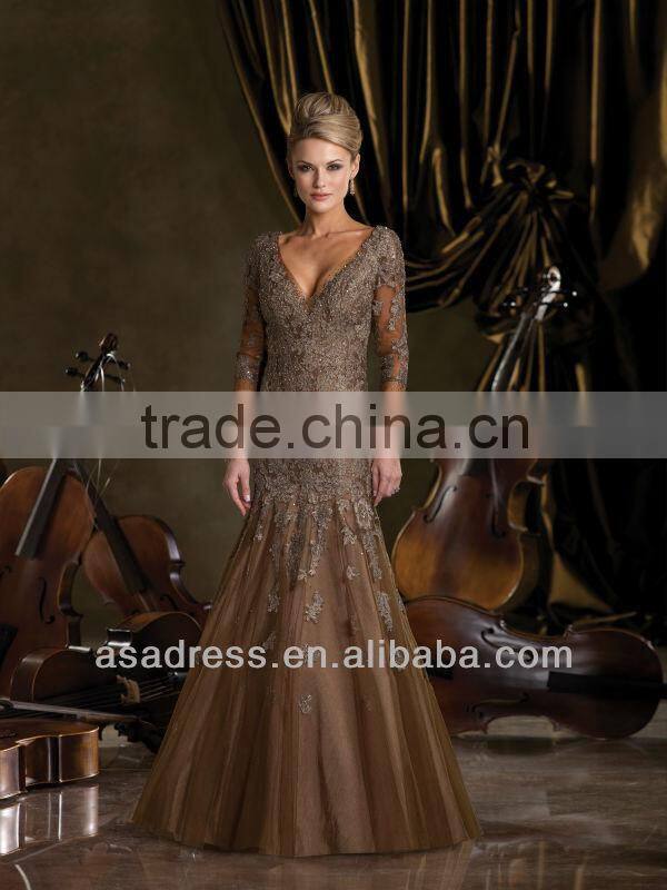 Tulle Over Taffeta Mermaid Gown with Hand-Beaded Lace Elbow-Length Sleeves Vintage Lace Mother of the Bride Dresses (MOMO-3031)