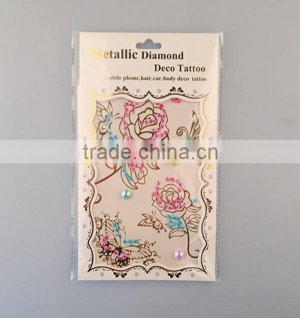 Custom fashionable rhinestone sticker metallic tattoo diamond gold temporary tattoo stickers